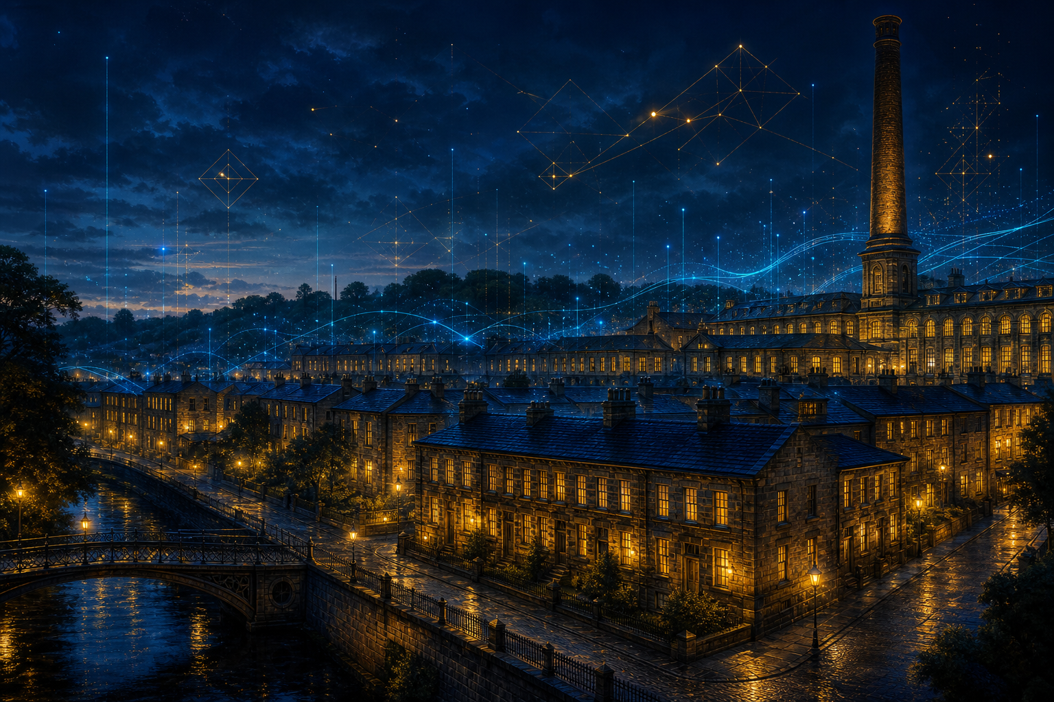 An artistic rendering of Saltaire Village at dusk, stone terraces lit gold and woven with glowing blue data lines